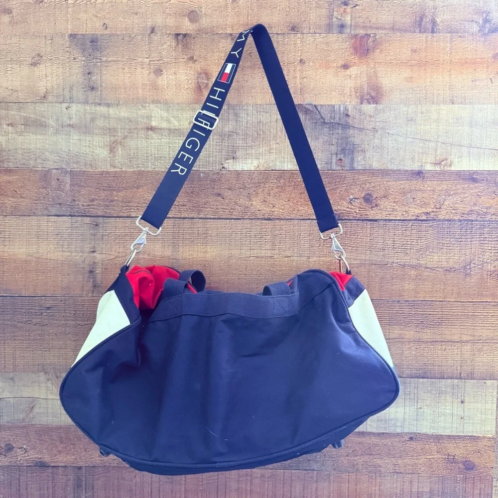 Vintage Tommy Hilfiger Blue and Red Duffel Bag